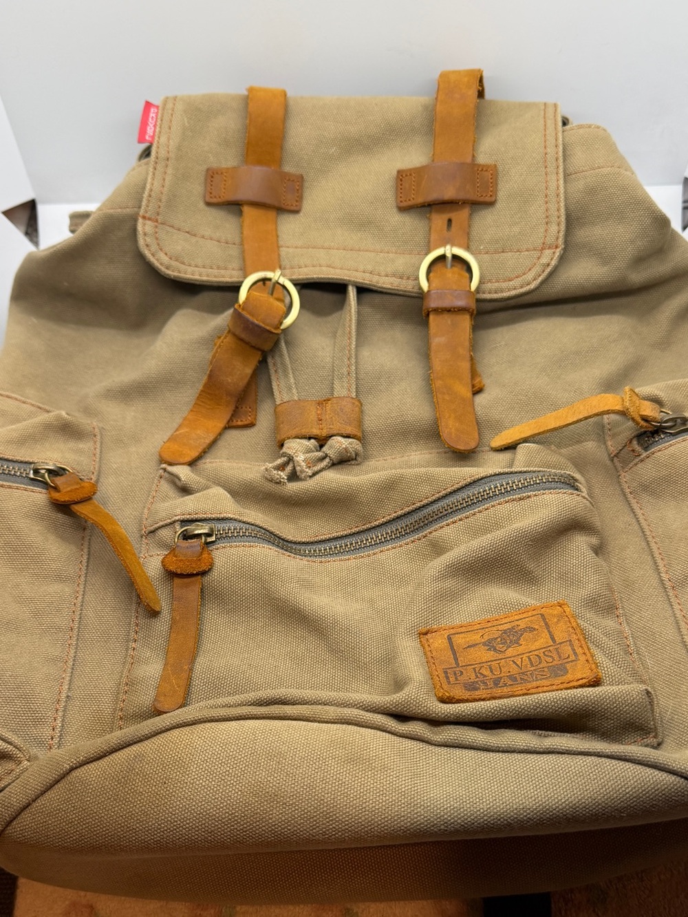 Canvas Backpack in Beige with Tan Leather Accents